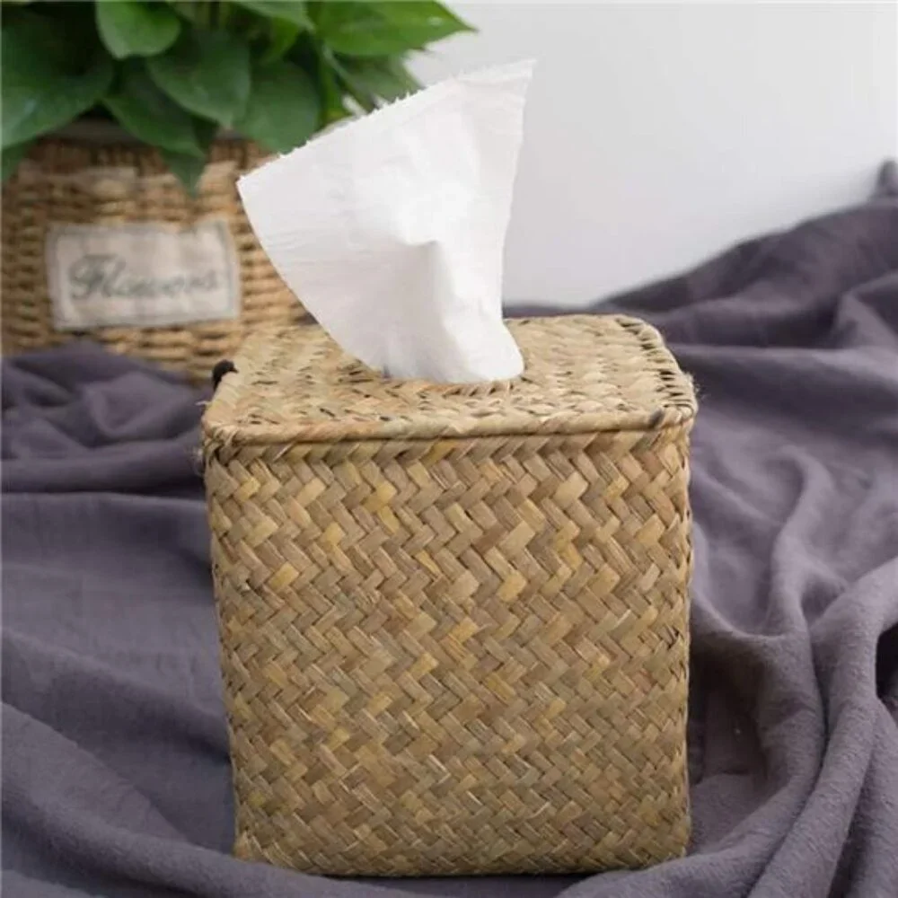 Seagrass tissue box cover set of 2 woven rattan tissue holder bathroom bedroom